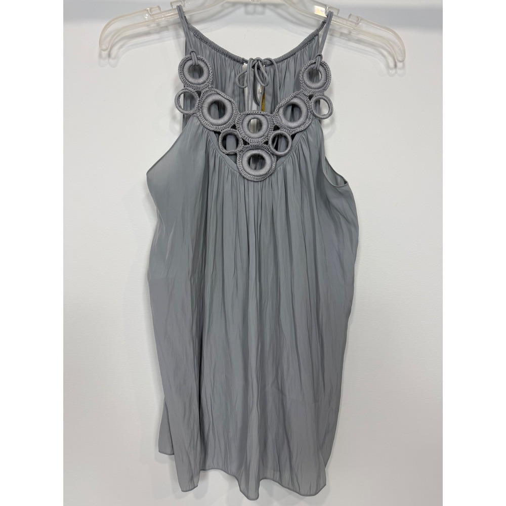 Ramy Brook Sleeveless Halter Top Crochet Ring Bib Neckline Dusty Blue Grey Small